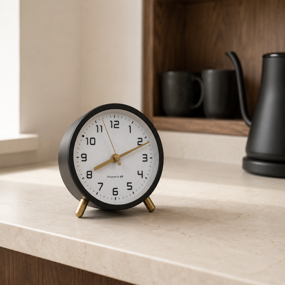 Matte black analog alarm clock on a pale stone kitchen counter in bright morning daylight