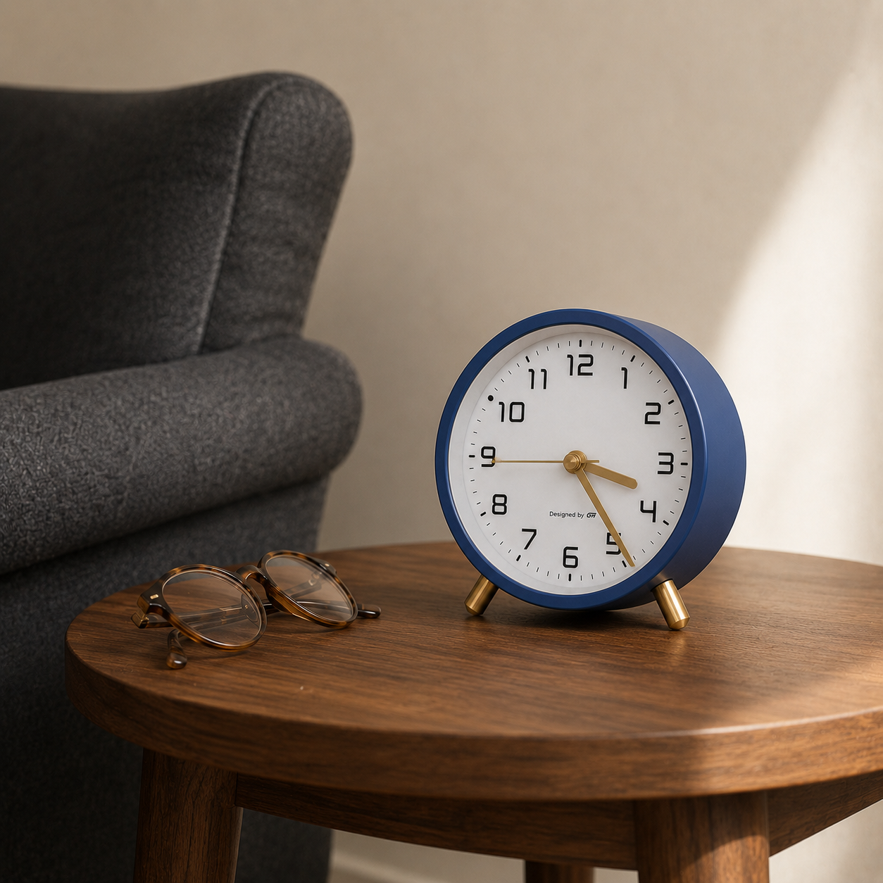 Navy blue analog alarm clock on a round walnut side table beside an armchair in afternoon daylight