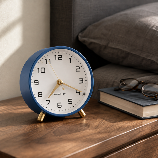Navy analog alarm clock on a walnut bedside table in morning light, beside a book and reading glasses