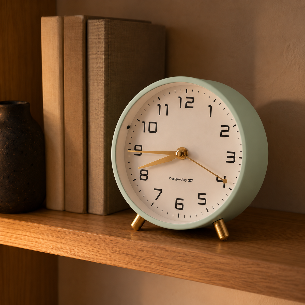 Sage green analog alarm clock on an oak shelf in warm evening lamp light beside books