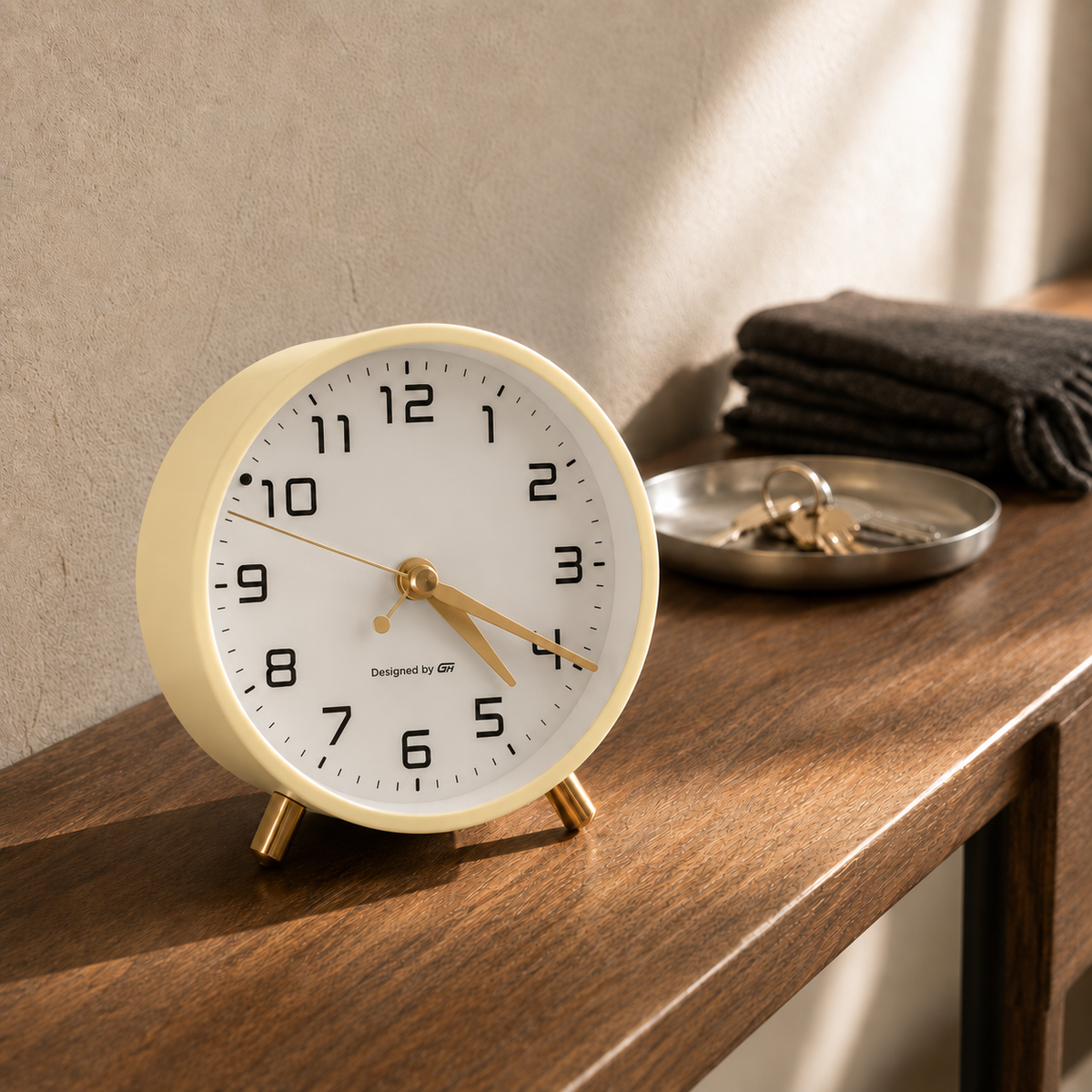Butter yellow analog alarm clock on a walnut hallway console in late afternoon light, beside a tray of keys
