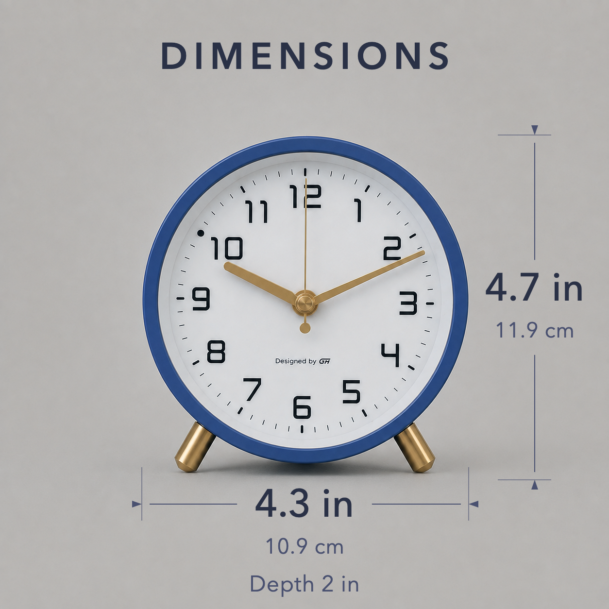 Dimension diagram: 4.3 inches or 10.9 cm across, 4.7 inches or 11.9 cm tall on its feet, 2 inches deep