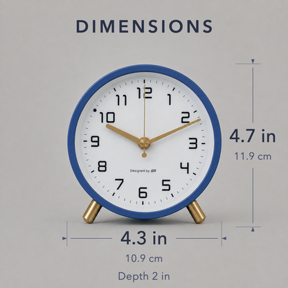 Dimension diagram: 4.3 inches or 10.9 cm across, 4.7 inches or 11.9 cm tall on its feet, 2 inches deep