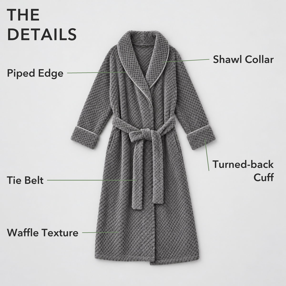 Gray waffle fleece bathrobe laid flat, labeled shawl collar, piped edge, tie belt, turned-back cuff and waffle texture