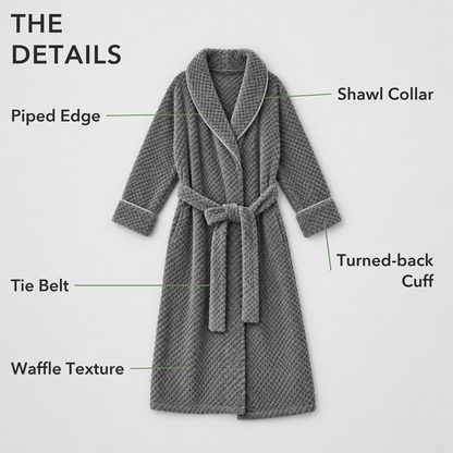 Gray waffle fleece bathrobe laid flat, labeled shawl collar, piped edge, tie belt, turned-back cuff and waffle texture