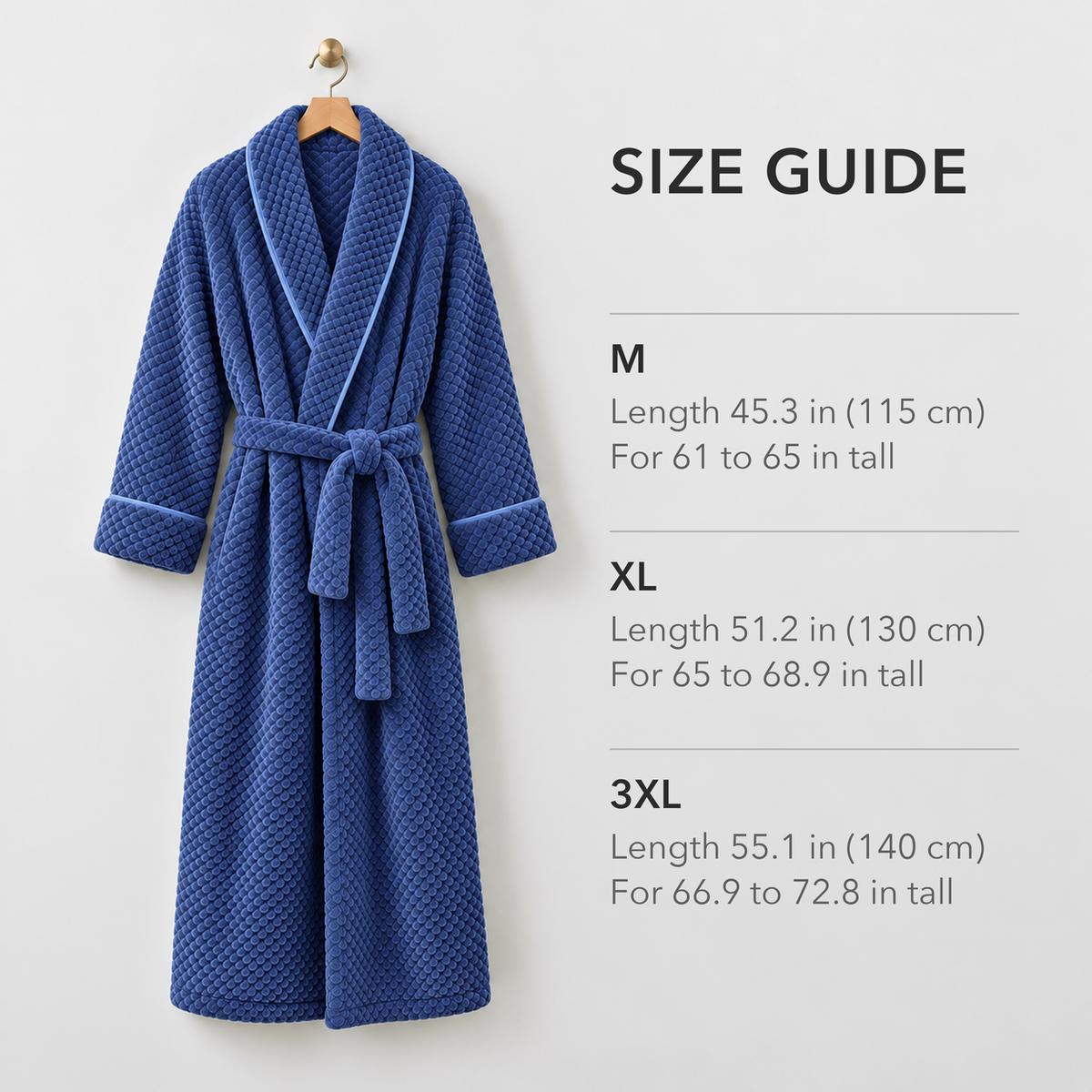 Size guide beside a blue waffle fleece bathrobe on a hanger: M 45.3 in long for 61 to 65 in tall, XL 51.2 in for 65 to 68.9 in, 3XL 55.1 in for 66.9 to 72.8 in