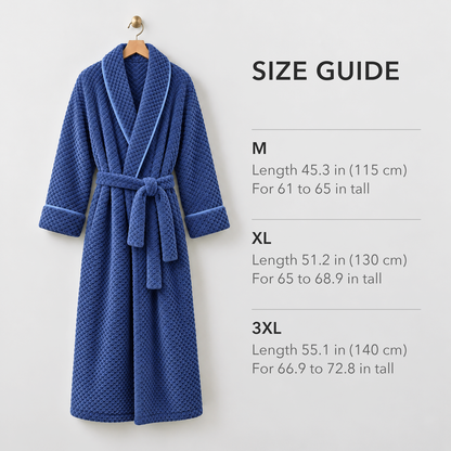 Size guide beside a blue waffle fleece bathrobe on a hanger: M 45.3 in long for 61 to 65 in tall, XL 51.2 in for 65 to 68.9 in, 3XL 55.1 in for 66.9 to 72.8 in