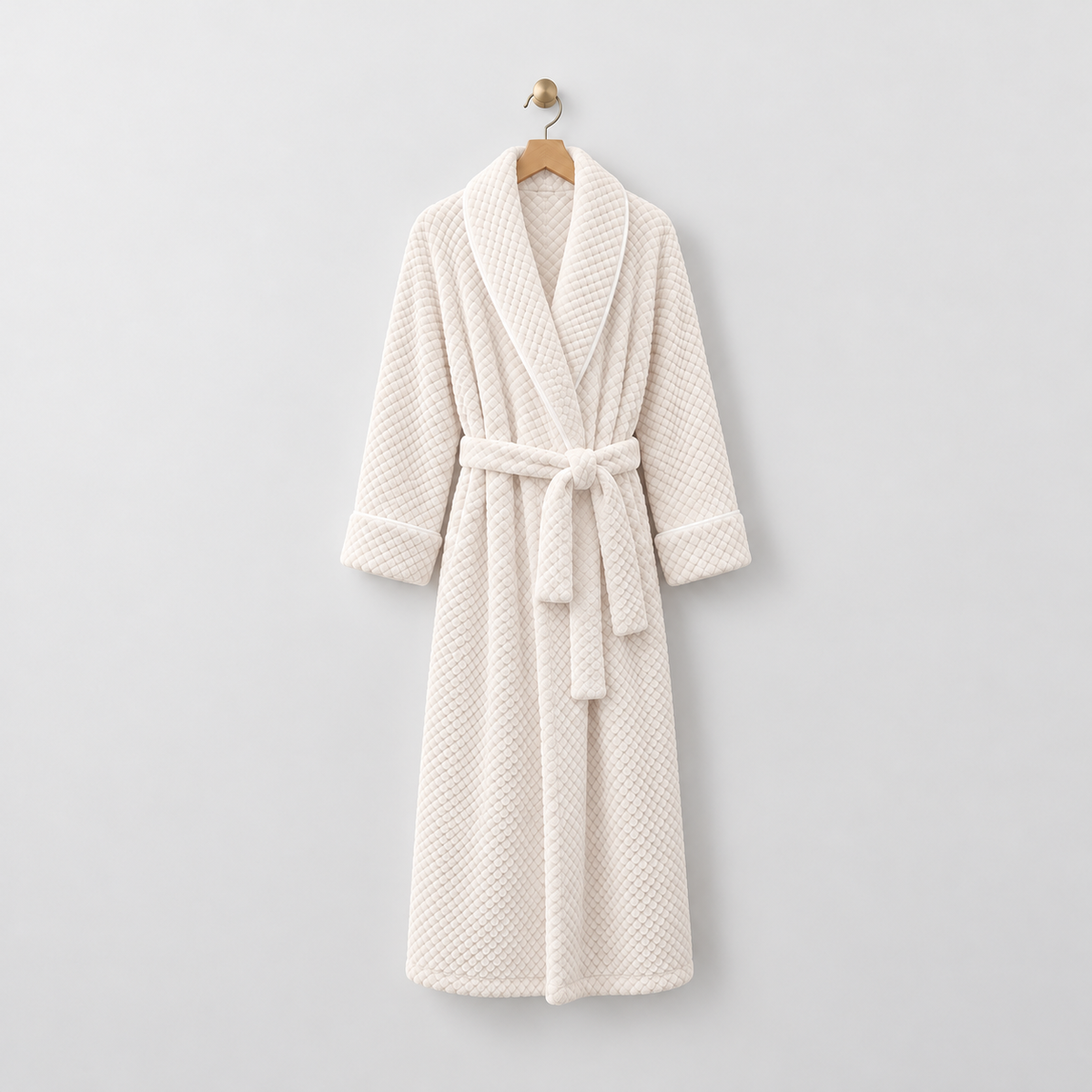 Long white waffle-textured fleece bathrobe with a shawl collar and tied belt, hanging on a wooden hanger from a brass hook on a light gray wall