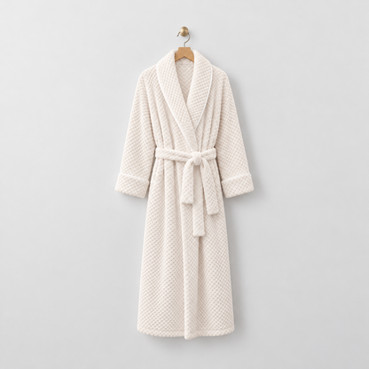 Long white waffle-textured fleece bathrobe with a shawl collar and tied belt, hanging on a wooden hanger from a brass hook on a light gray wall