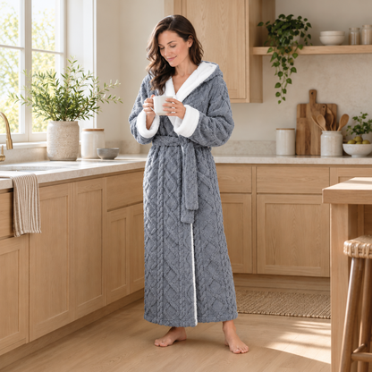 Woman in a gray hooded plush bathrobe holding a mug of coffee in a bright kitchen in the morning