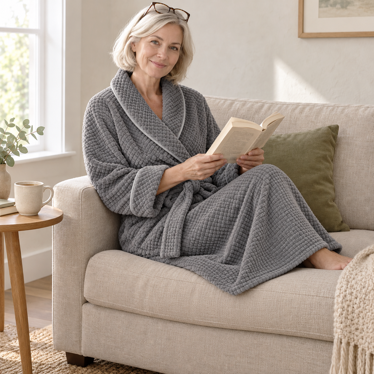 Woman in a gray waffle fleece bathrobe reading a book on a sofa, her feet tucked up
