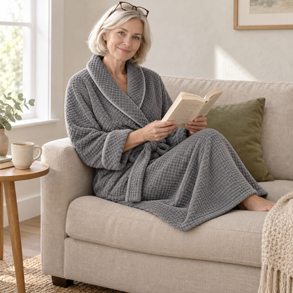 Woman in a gray waffle fleece bathrobe reading a book on a sofa, her feet tucked up