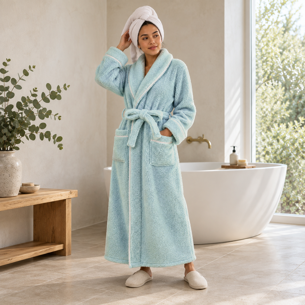 Woman in a mint fleece bathrobe with a towel on her hair, standing in a bright bathroom beside a freestanding tub