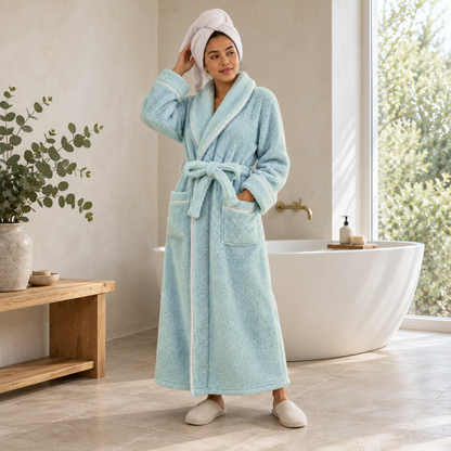 Woman in a mint fleece bathrobe with a towel on her hair, standing in a bright bathroom beside a freestanding tub