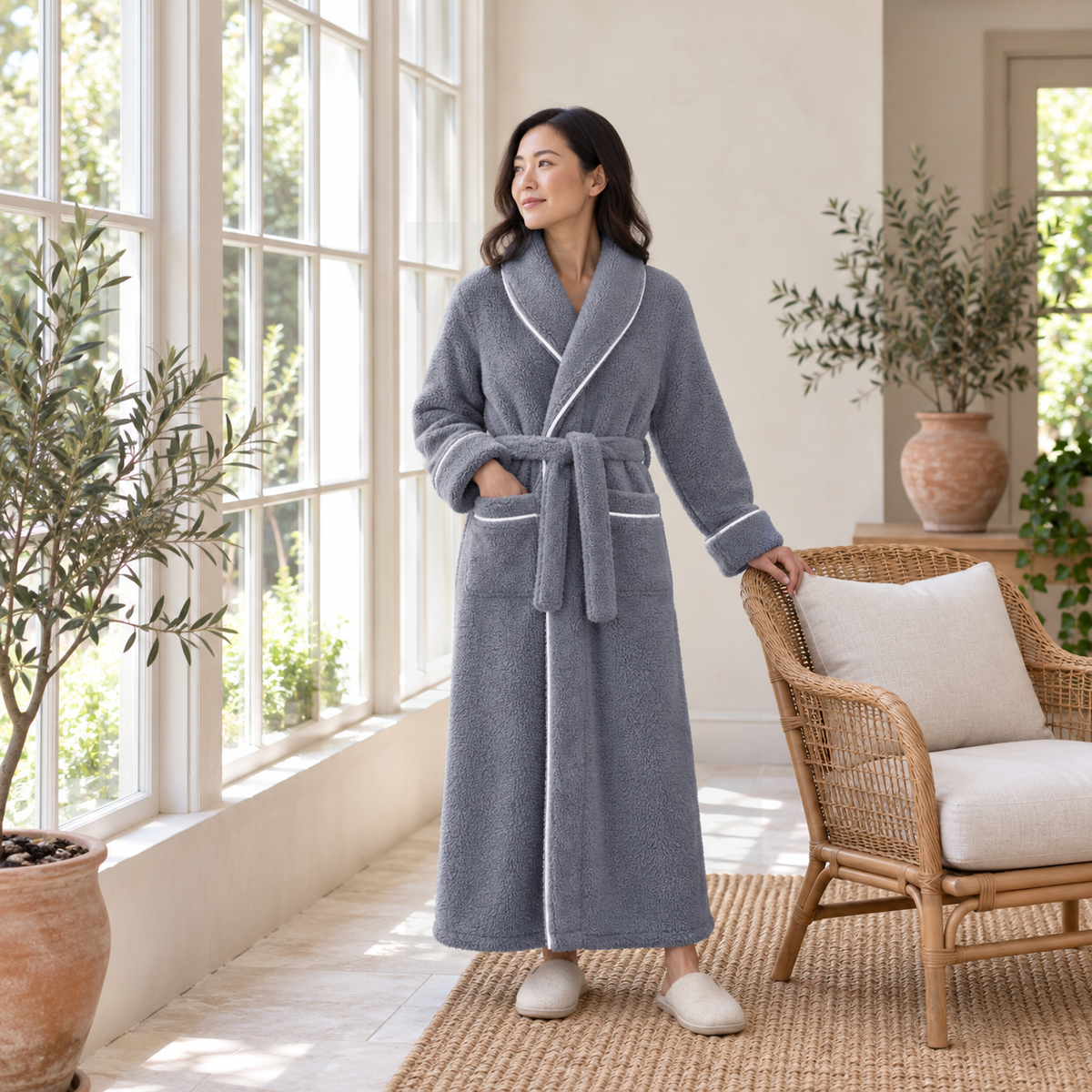 Woman in a slate blue-grey fleece bathrobe standing in a sunroom beside a rattan chair