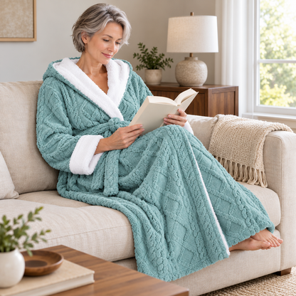 Woman in a teal hooded plush bathrobe reading a book on a linen sofa
