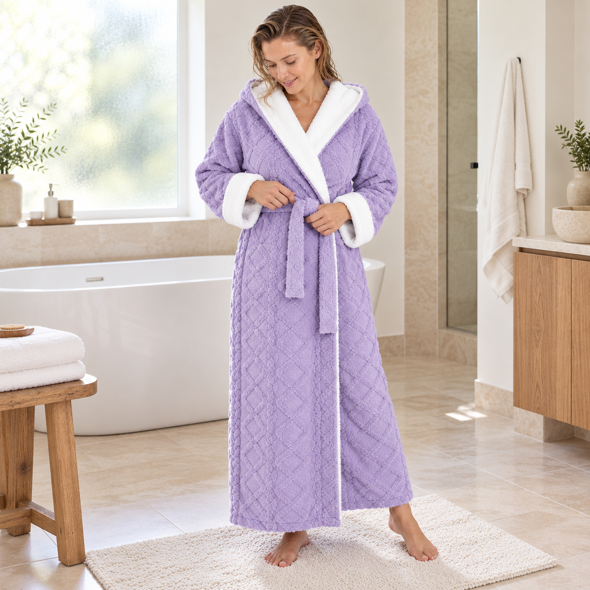 Woman tying the belt of a purple hooded plush bathrobe in a bright bathroom after a shower