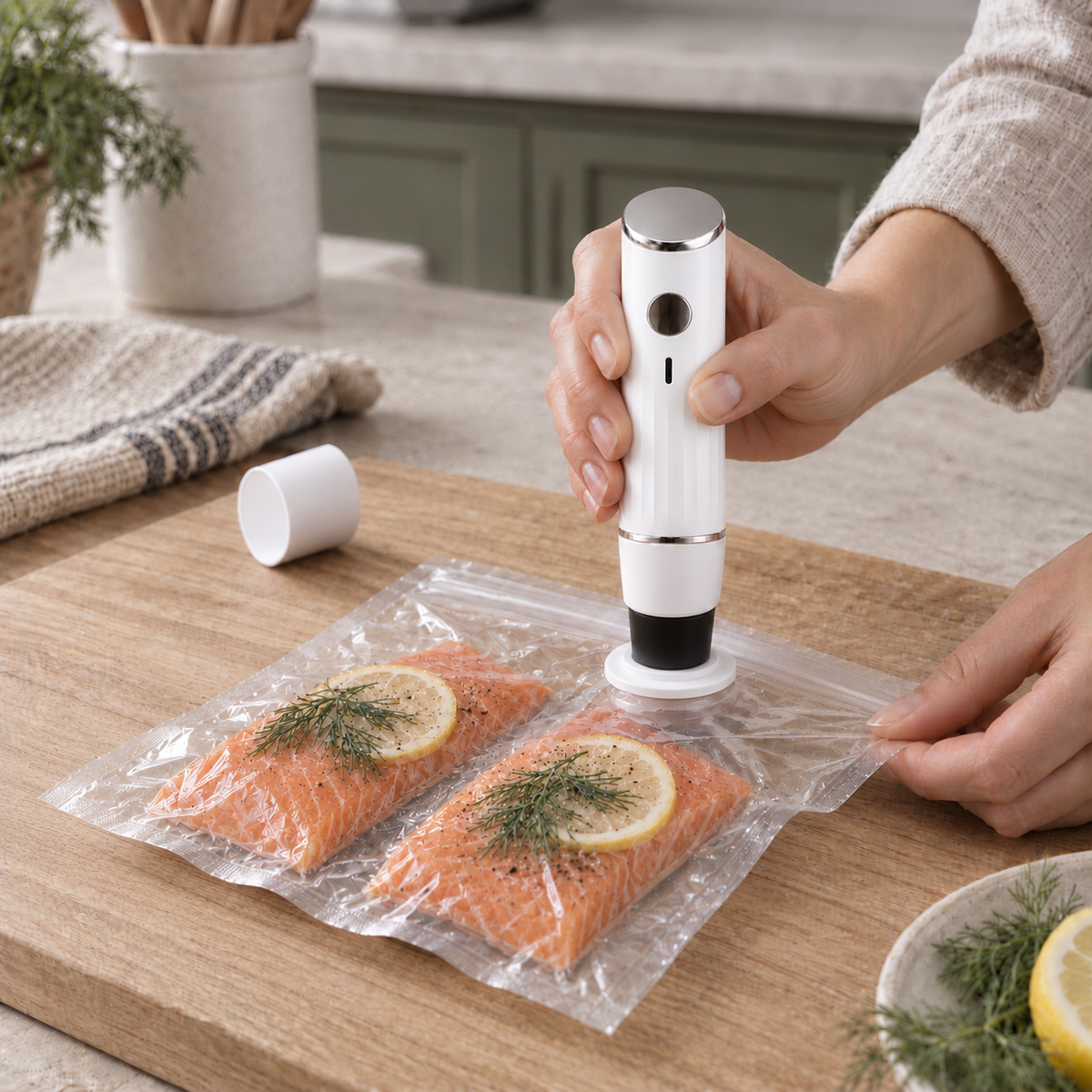 Hand sealing a bag of salmon fillets with lemon and dill on a wooden board, the sealer's cap set aside
