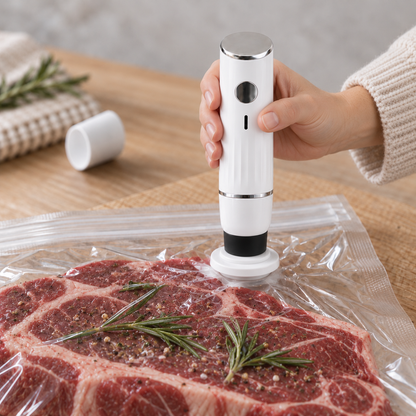 Close-up of the sealer pressed on the valve as the bag pulls tight around a steak